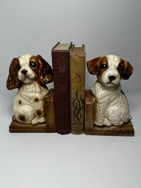Vintage Ceramic Puppy Dog Bookends Brown Cream Fillable Sand Weighted Pair